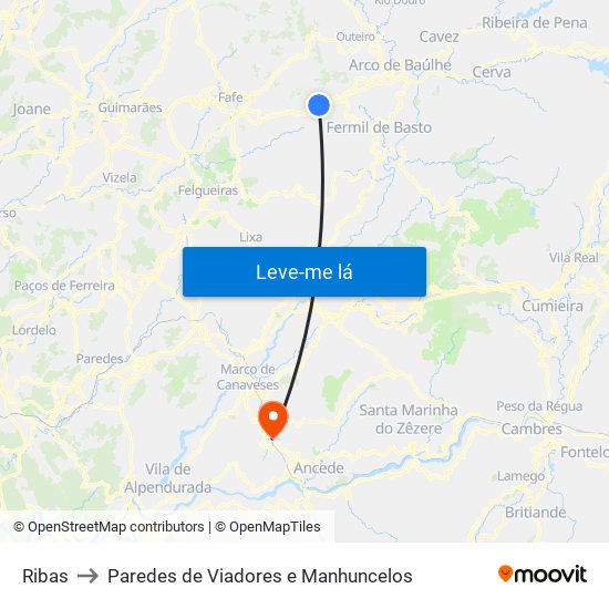 Ribas to Paredes de Viadores e Manhuncelos map