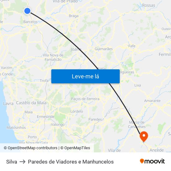 Silva to Paredes de Viadores e Manhuncelos map
