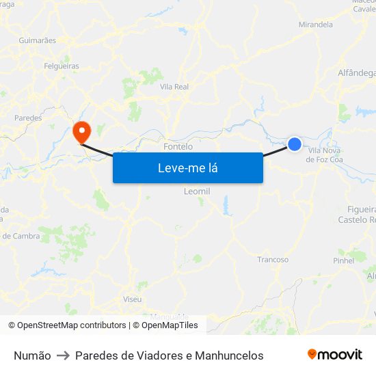 Numão to Paredes de Viadores e Manhuncelos map