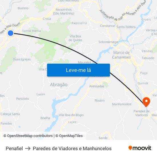 Penafiel to Paredes de Viadores e Manhuncelos map