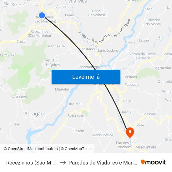 Recezinhos (São Mamede) to Paredes de Viadores e Manhuncelos map