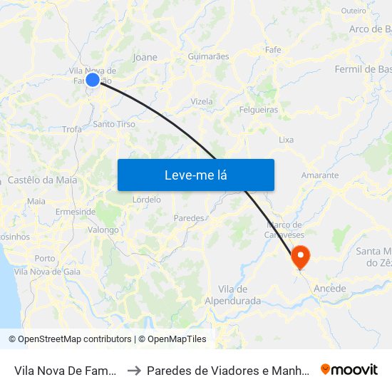 Vila Nova De Famalicão to Paredes de Viadores e Manhuncelos map