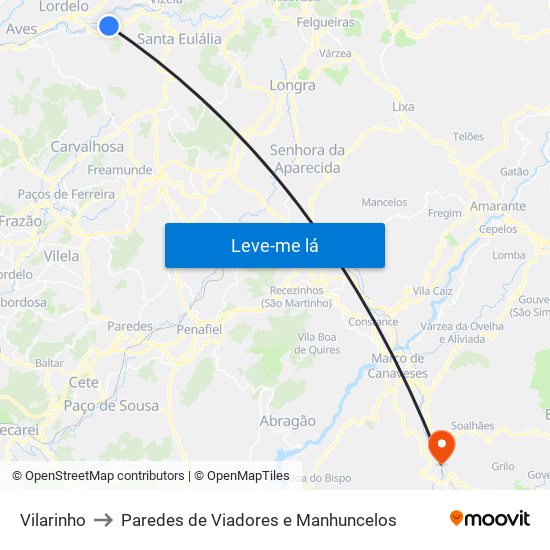 Vilarinho to Paredes de Viadores e Manhuncelos map