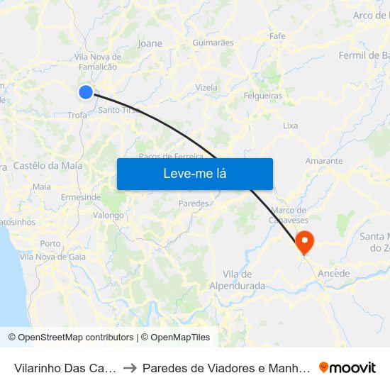 Vilarinho Das Cambas to Paredes de Viadores e Manhuncelos map
