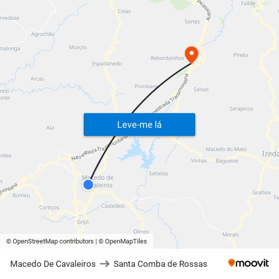 Macedo De Cavaleiros to Santa Comba de Rossas map