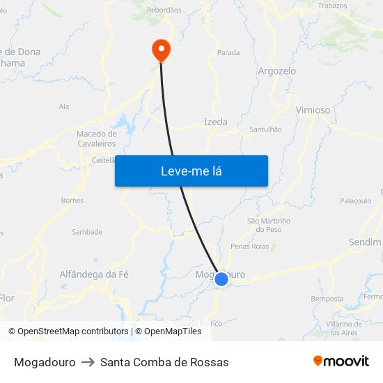 Mogadouro to Santa Comba de Rossas map