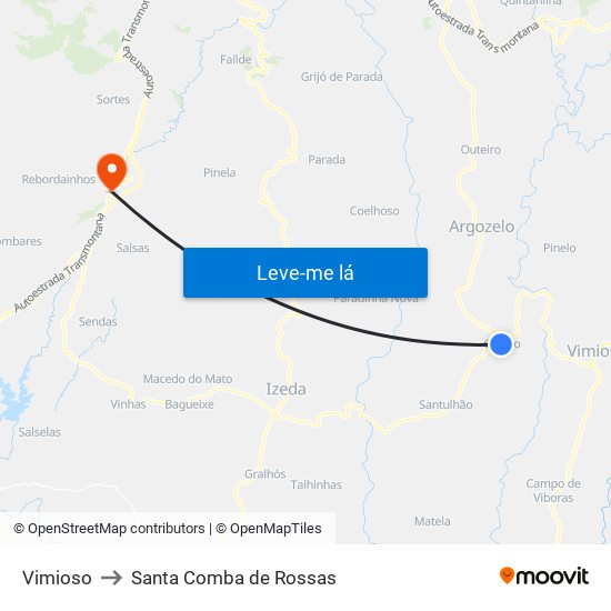 Vimioso to Santa Comba de Rossas map