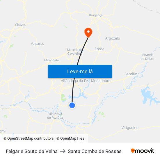 Felgar e Souto da Velha to Santa Comba de Rossas map