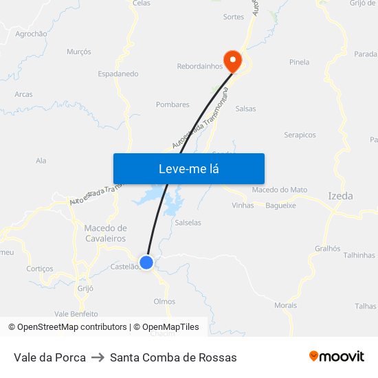 Vale da Porca to Santa Comba de Rossas map