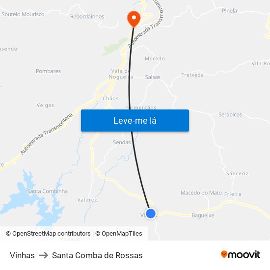 Vinhas to Santa Comba de Rossas map