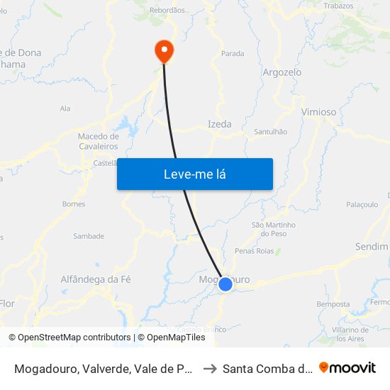 Mogadouro, Valverde, Vale de Porco e Vilar de Rei to Santa Comba de Rossas map