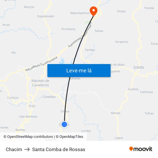 Chacim to Santa Comba de Rossas map