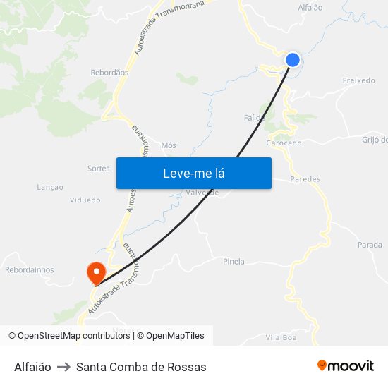 Alfaião to Santa Comba de Rossas map