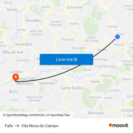 Fafe to Vila Nova do Campo map