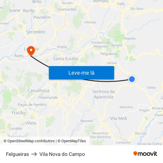 Felgueiras to Vila Nova do Campo map