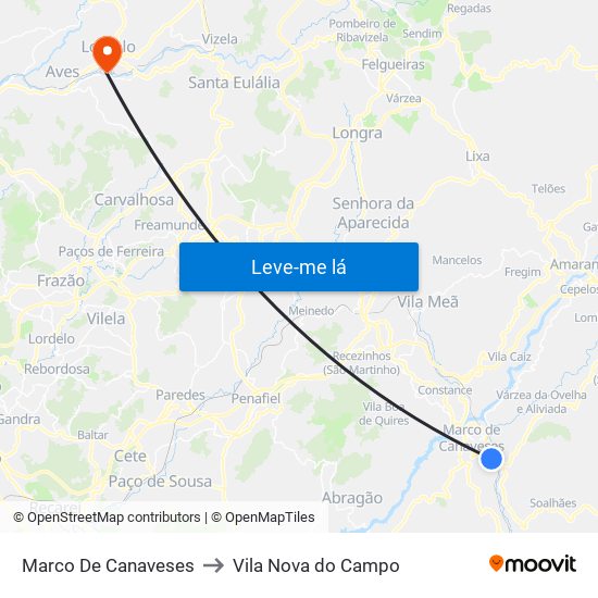 Marco De Canaveses to Vila Nova do Campo map