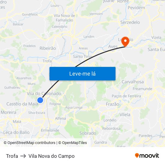 Trofa to Vila Nova do Campo map