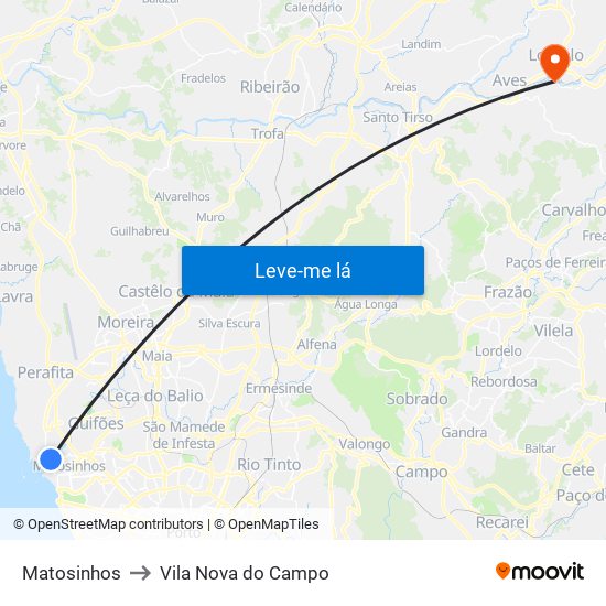 Matosinhos to Vila Nova do Campo map
