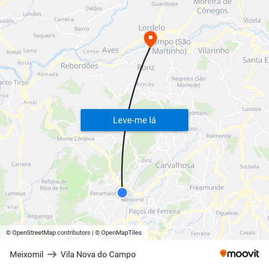 Meixomil to Vila Nova do Campo map