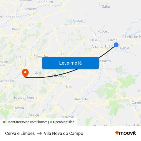 Cerva e Limões to Vila Nova do Campo map