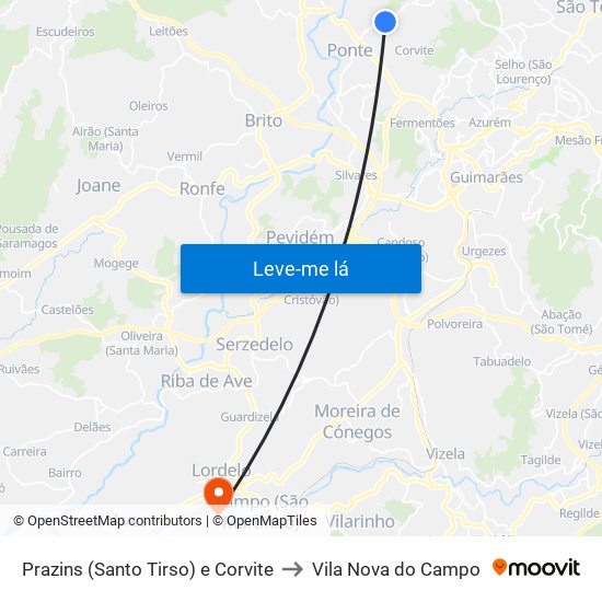 Prazins (Santo Tirso) e Corvite to Vila Nova do Campo map