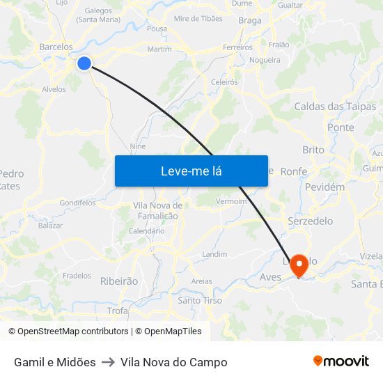 Gamil e Midões to Vila Nova do Campo map