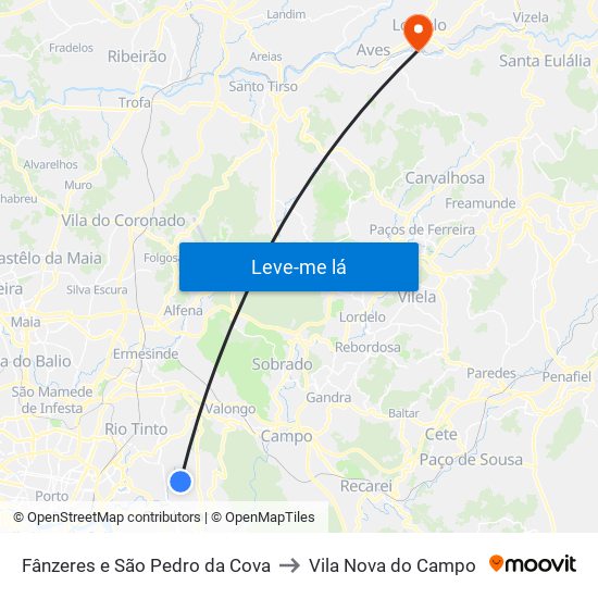 Fânzeres e São Pedro da Cova to Vila Nova do Campo map