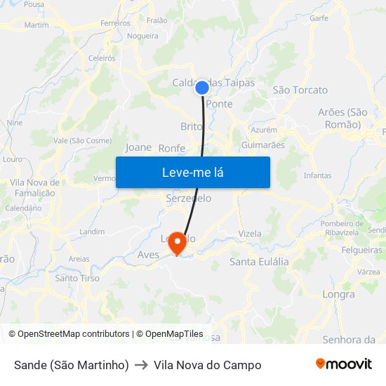 Sande (São Martinho) to Vila Nova do Campo map