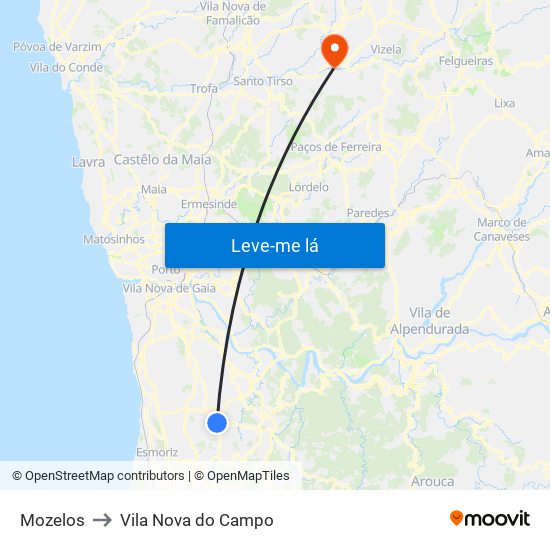 Mozelos to Vila Nova do Campo map