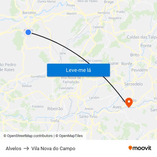 Alvelos to Vila Nova do Campo map