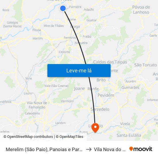 Merelim (São Paio), Panoias e Parada de Tibães to Vila Nova do Campo map