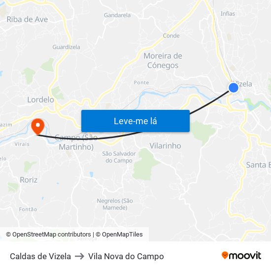 Caldas de Vizela to Vila Nova do Campo map