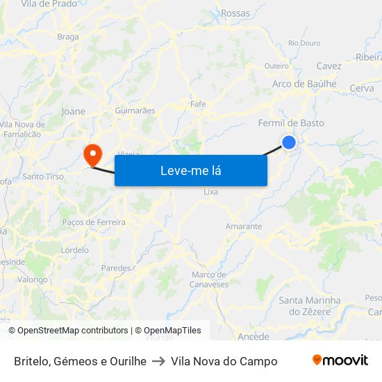 Britelo, Gémeos e Ourilhe to Vila Nova do Campo map