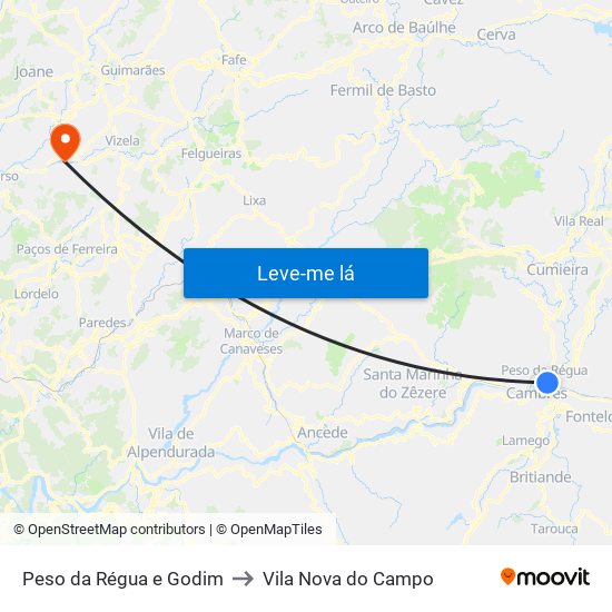 Peso da Régua e Godim to Vila Nova do Campo map