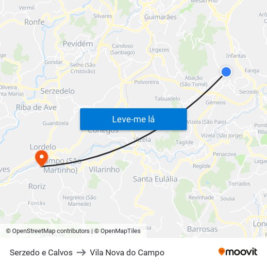 Serzedo e Calvos to Vila Nova do Campo map