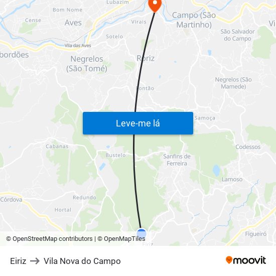 Eiriz to Vila Nova do Campo map