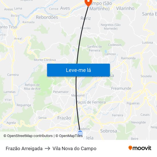 Frazão Arreigada to Vila Nova do Campo map