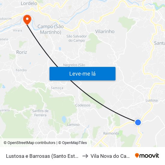 Lustosa e Barrosas (Santo Estêvão) to Vila Nova do Campo map