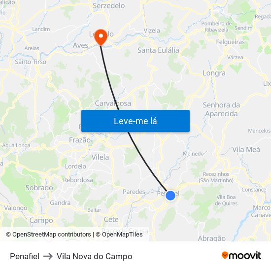 Penafiel to Vila Nova do Campo map