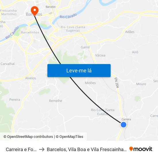 Carreira e Fonte Coberta to Barcelos, Vila Boa e Vila Frescainha (São Martinho e São Pedro) map