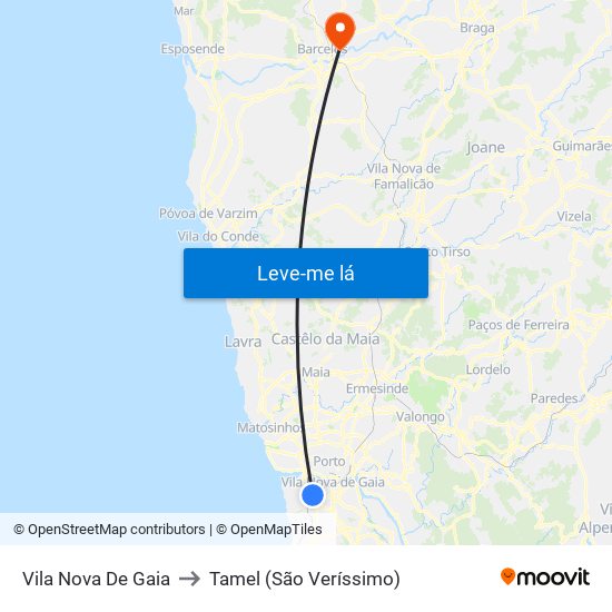 Vila Nova De Gaia to Tamel (São Veríssimo) map