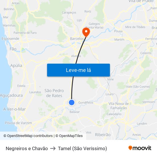 Negreiros e Chavão to Tamel (São Veríssimo) map