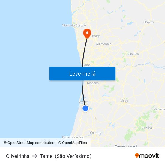 Oliveirinha to Tamel (São Veríssimo) map