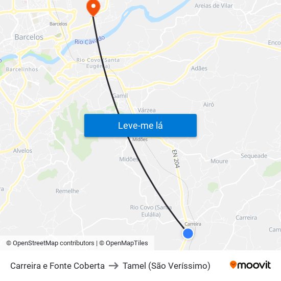 Carreira e Fonte Coberta to Tamel (São Veríssimo) map