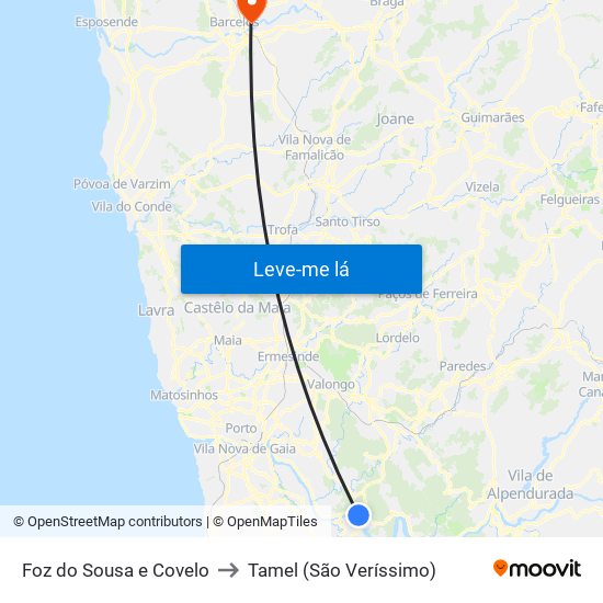 Foz do Sousa e Covelo to Tamel (São Veríssimo) map