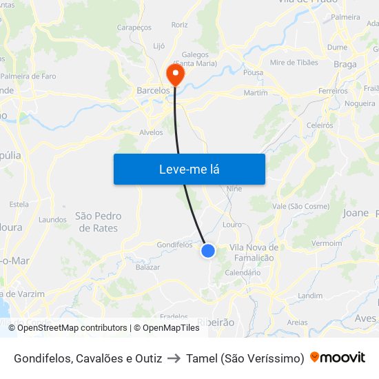 Gondifelos, Cavalões e Outiz to Tamel (São Veríssimo) map