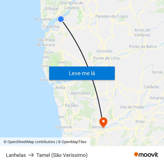 Lanhelas to Tamel (São Veríssimo) map