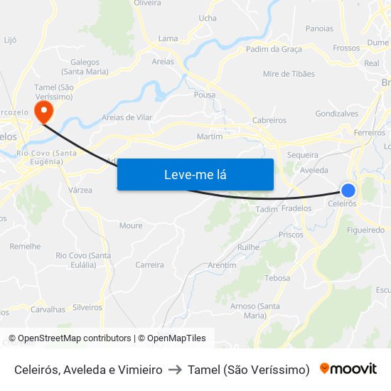 Celeirós, Aveleda e Vimieiro to Tamel (São Veríssimo) map