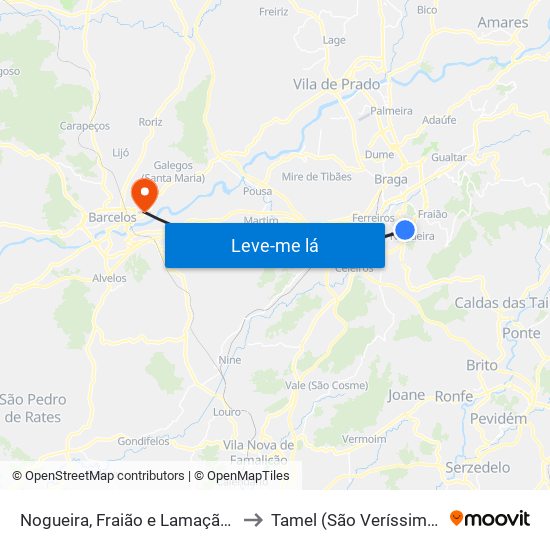 Nogueira, Fraião e Lamaçães to Tamel (São Veríssimo) map