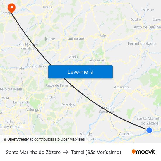 Santa Marinha do Zêzere to Tamel (São Veríssimo) map